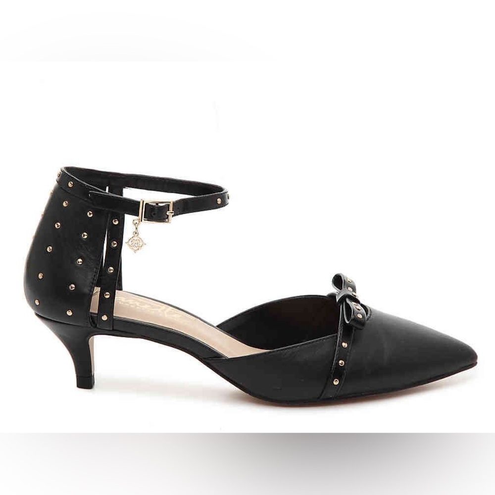Nanette Black Studded Ankle-Strap Kitten Heel Flats